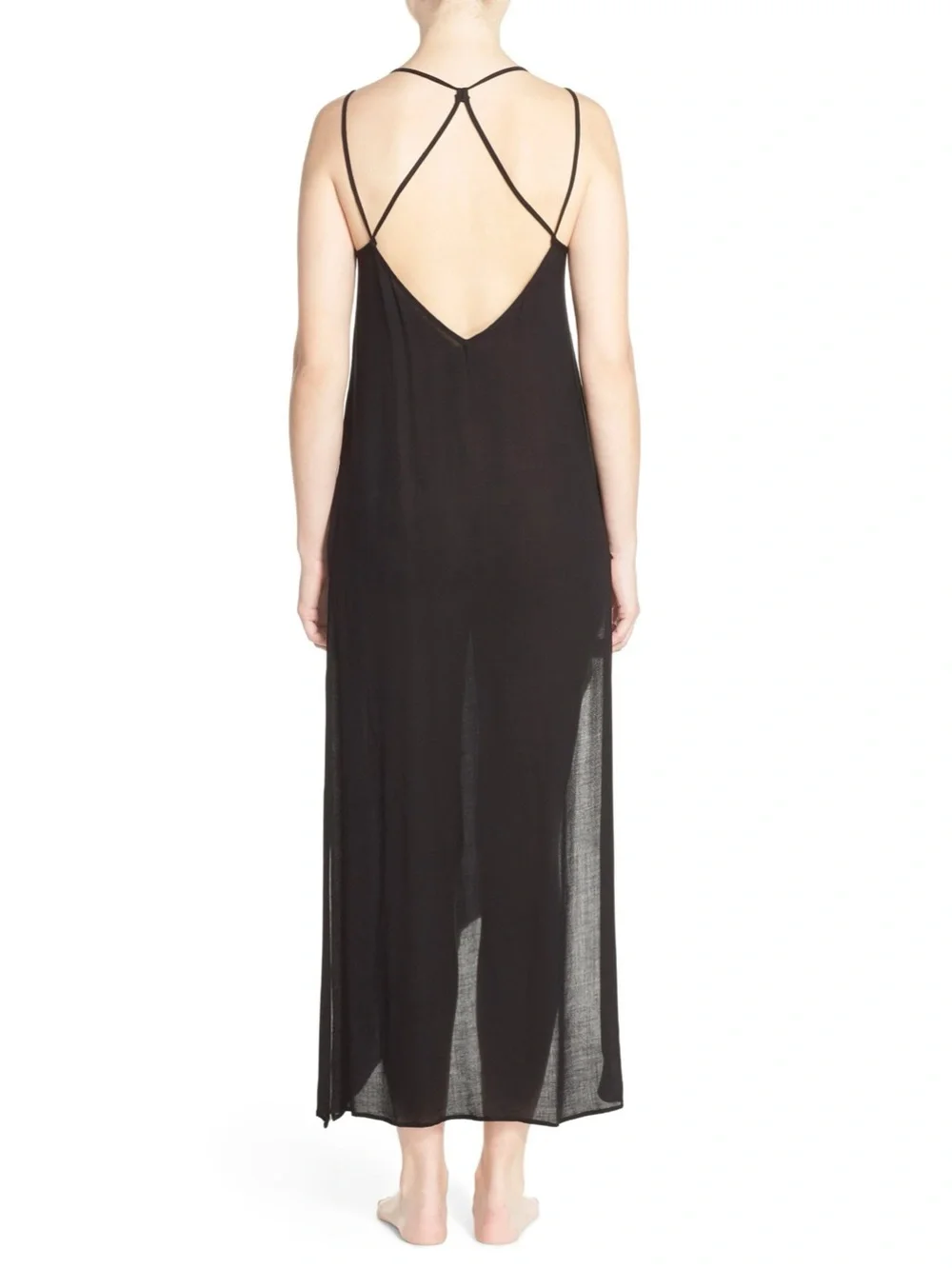Free People Black Long Crisscross-Back Nightgown with Asymmetric Hem 100% Rayon